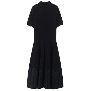

2020 Turtlececk Striped Women Dress Summer A-Line Female Short Sleeve Knitted Vestidos Slim Fit Office Ladies Midi Dress
