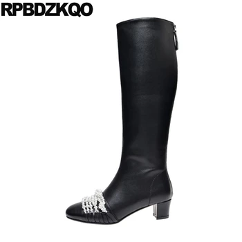 

autumn embellished boots round toe block tall 2019 knee high long black luxury brand shoes women designer chunky 9 fall pearl