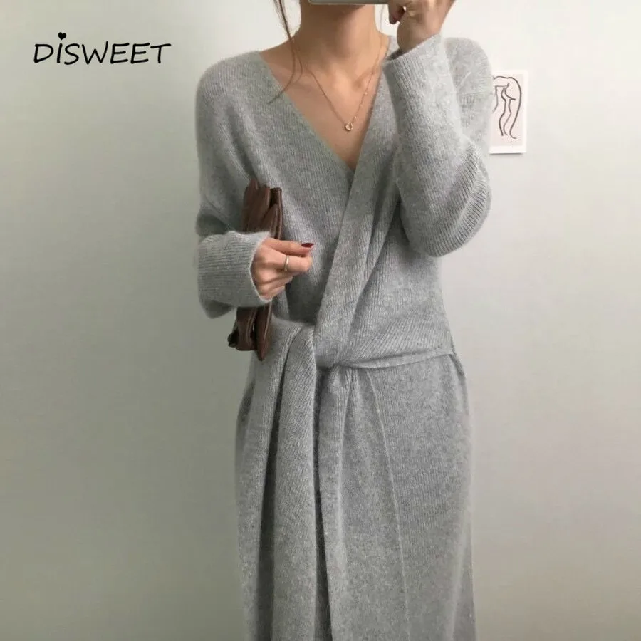 

Korean Version Of The Belt Sweater Women'S Clothing Fashion Long Sleeve Women'S V-Neck Knit Dress Warm Autumn Thick Dresses 2019