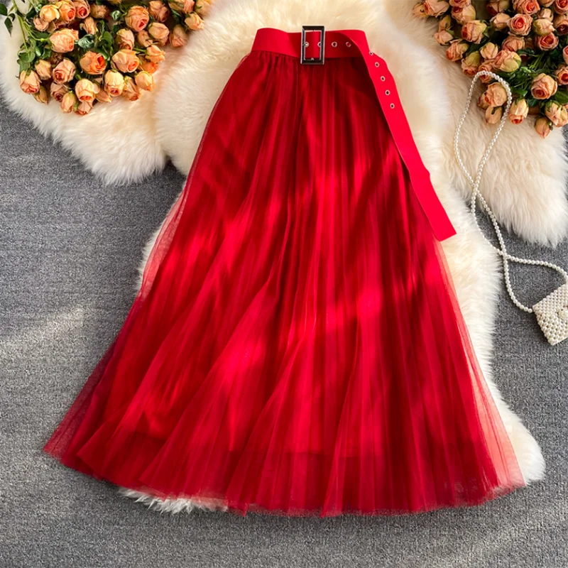 ● I AM MARI ● Two-piece/ Hueley Punching Blouse Long Skirt 2022 Spring Women Elegant Skirt Elastic High Waist A-line