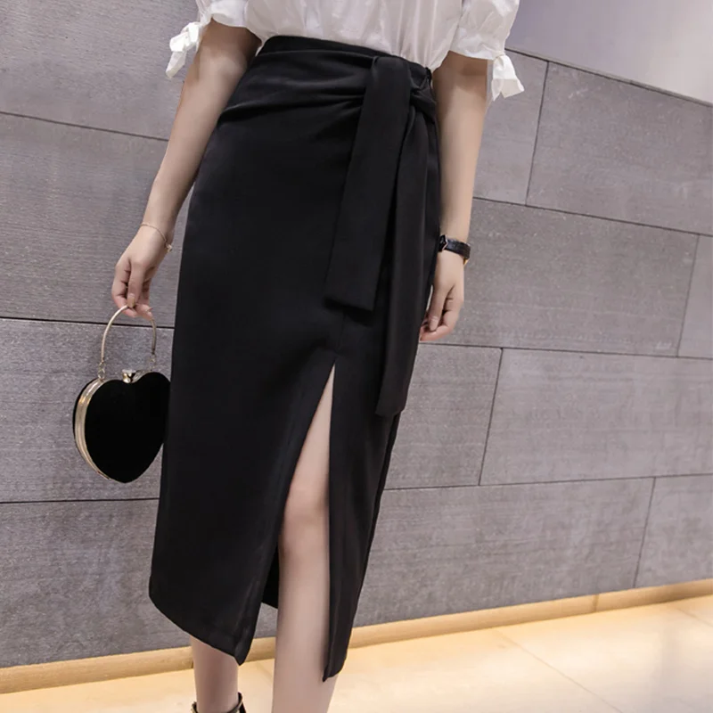 Женская замшевая юбка миди с высокой талией, осенняя облегающая юбка с разрезом и поясом, женская зимняя офисная одежда, черная, бежевая