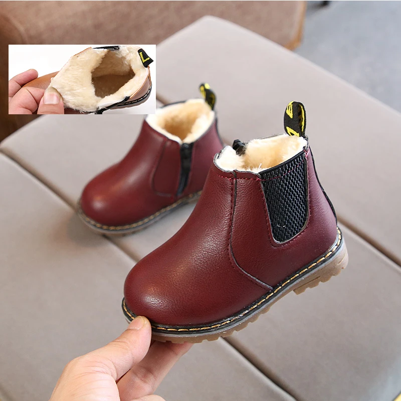 thick burgundy KushyShoo/Детские зимние сапоги; Осенняя утепленная хлопковая обувь для мальчиков и девочек; водонепроницаемые Нескользящие ботильоны; кожаные детские ботинки - Цвет: thick burgundy