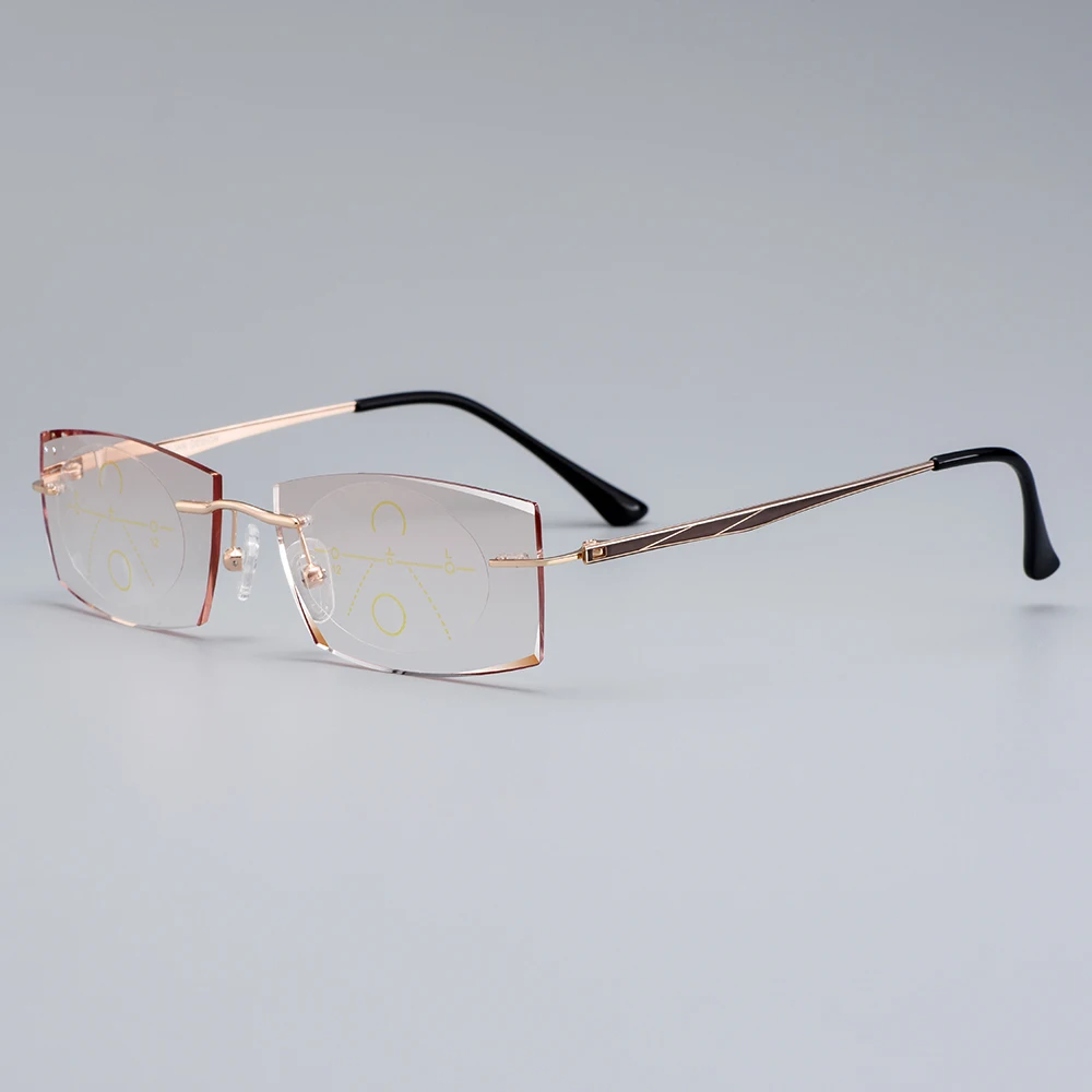 

MASSENET Trendy Men's Titanium Alloy Rimless Diamond Trimming Cut Progressive Multifocal Anti Blue Ray Reading Glasses Z2865