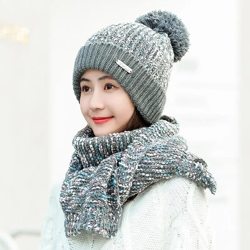 COKK вязаная шапка с шарфом шапка и шарф женский бархатный утепленный комплект ветрозащитные уличные зимние воротники наборы для женщин дамы - Цвет: Grey
