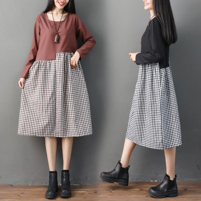 

2019 Spring New Style Casual Loose Retro Cotton Linen Medium-length Dress Women's Irregular Joint Plaid Long-sleeved Dress
