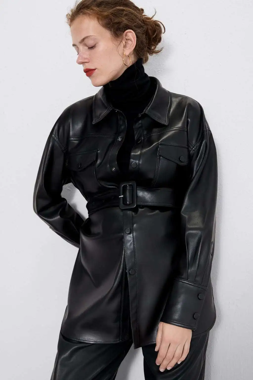 LUZUZI, тонкое пальто из искусственной кожи, Женские Модные Куртки из искусственной кожи, женские элегантные куртки с поясом, карманами на талии, пуговицами, пальто для женщин, дамские IP