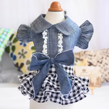 

Summer Thin Denim Dress for Dogs Puff Sleeve Pet Jeans Shirt Cotton Plaid Tutu Skirt Cowboy Clothes for Chihuahua Yorkies Poodle