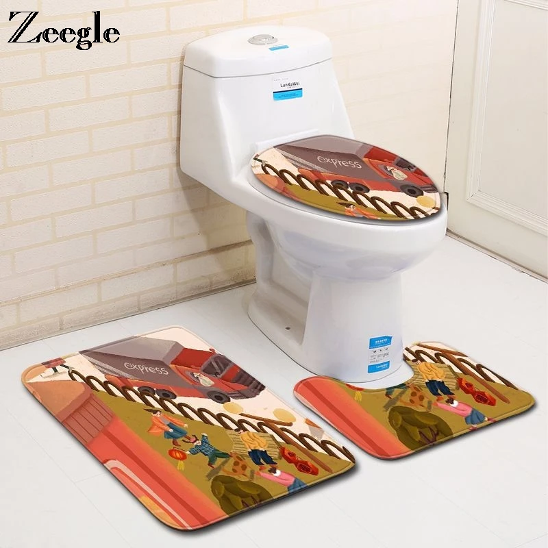 Zeegle 3pcs Toilet Set Absorbent Toilet Pedestal Rug Foot Mat Anti Slip Bathroom Shower Mat Washable Flannel Soft Bath Mat Set