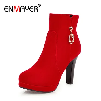

ENMAYER Cow Suede Super High Round Toe Ankle Boots Winter Solid String Bead High Heel Boot Zip Spike Heels Red Beige Shoes Woman