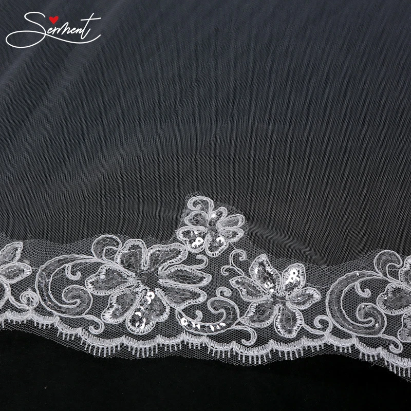 SERMENT Cathedral Wedding Veil Bead Edge Three-Layer Apliqued 400cm Lace Sequins Long Tailed Bride Veil White Wedding Accessorie