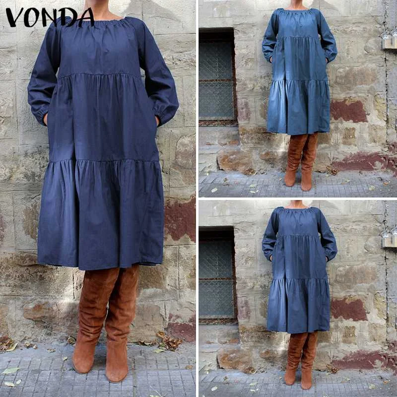 Plus Size Denim Dress Bohemian Women Autumn Long Lantern Sleeve Knee-Length Dress Casual Vestido Off Shoulder Sundress