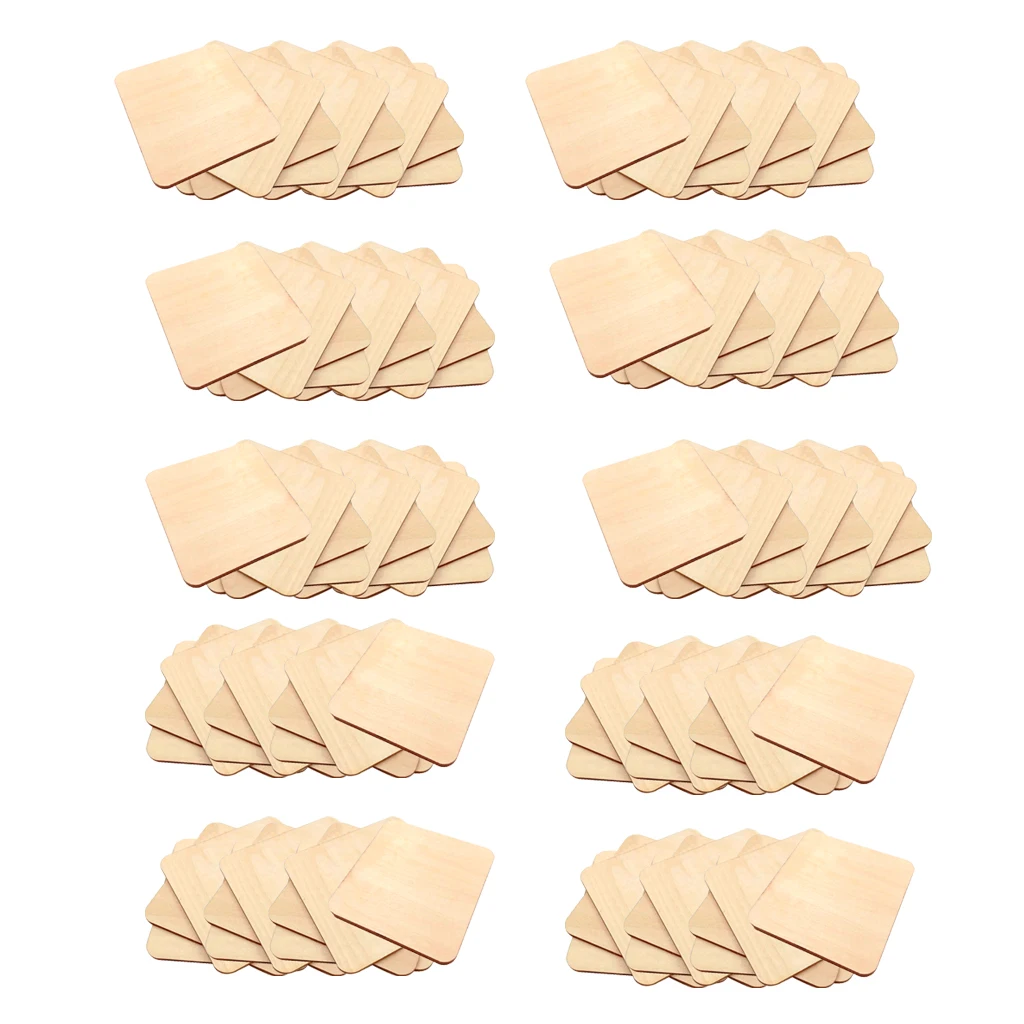 100pcs Natural Square Wooden Slices Log Square Chips DIY Wood Craft Supplies for Sand Table Model Model Making Courtyard Decor