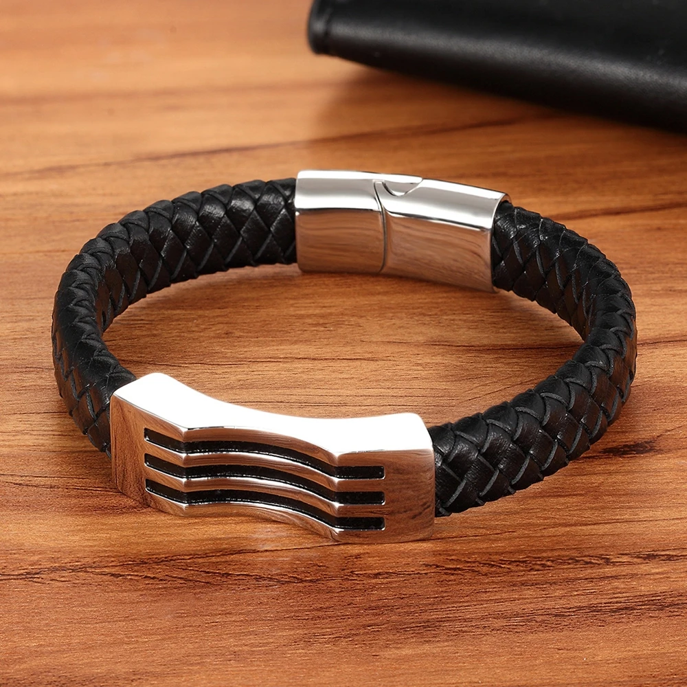 Специальный геометрический узор нержавеющая сталь аксессуары в полоску дизайн сочетание мужской кожаный черный браслет памятный подарок