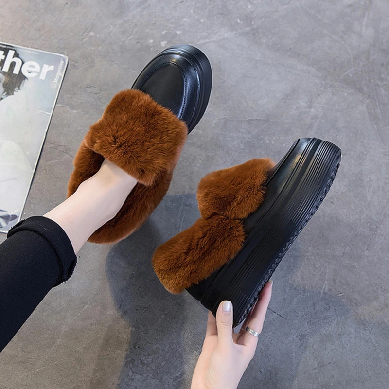 Женская зимняя обувь на плоской подошве; теплые Лоферы без застежки для женщин; кожаная зимняя обувь; женские лоферы на кроличьем меху; женская обувь на резиновой подошве