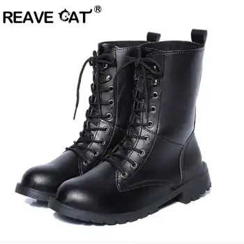 

REAVE CAT Unisex women boots Plush Warm motorcycle Round toe Square heel anti slip Autumn Winter Botas Bis size 11 42