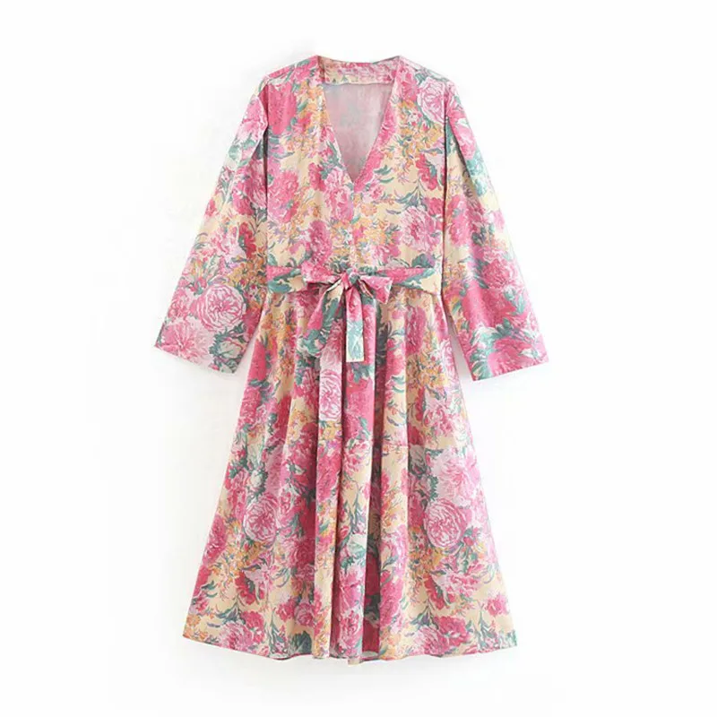 

Stylish Sweet Women Floral Print Dresses Half Sleeve V Neck Bow Belt Fashion Cute Girls Pleated Mid Calf Dress Casual Vestidos
