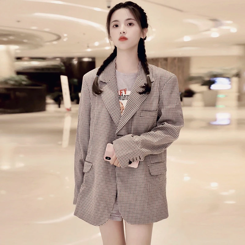 Vintage Women Plaid Blazer 2019 Fall Office Lady Single Breasted Notched Long Blazer Jacket Autumn Suit Coat Womens Blazers