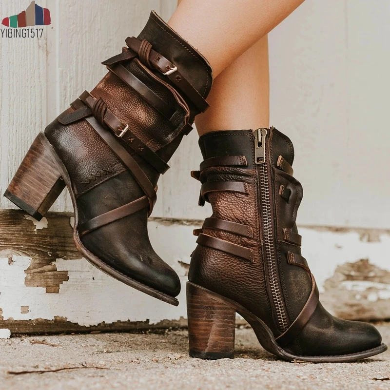

NAUSK 2019 Women Ankle Boots Block High Heels Botas Zapatos Mujer Retro Leather Winter Shoes Plus Size Booties Cowboy Boots