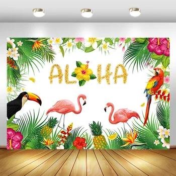 

Summer Pink Flamingo Birthday Backdrop for Photo Tropical Green Leaves Flowers Party Decorations Supplies Photo Background