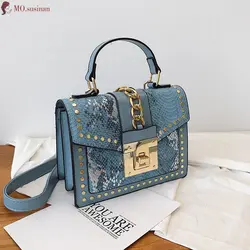 Высококачественная женская сумка, брендовая модная сумка с заклепками Дамская змеиная сумка через плечо с цепочкой, маленькая квадратная