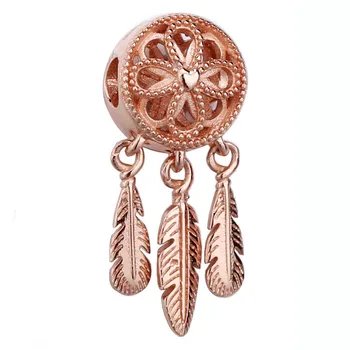 

New 925 Sterling Silver Bead Charm Rose Flower Feather Spiritual Dream Catcher Pendant Bead Fit Bracelet Diy Jewelry