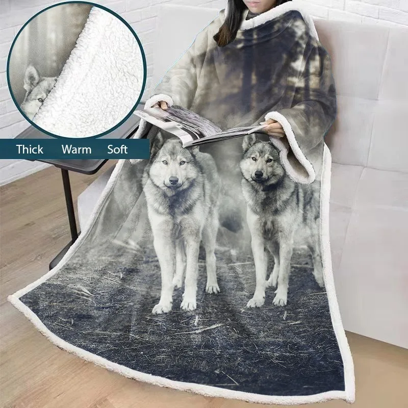 

3D Wolf Blanket with Sleeve Super Soft Flannel Wearable Blanket Loose Warm Winter Wearable Blanket Bathrobe Witchcraft Cloak