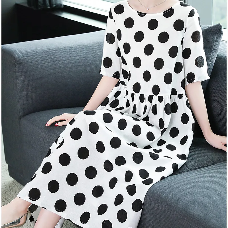 

Summer Wear Black Polkadot Dress 2019 New Style WOMEN'S Dress Crew Neck Loose-Fit Explicit Thin Long Skirt