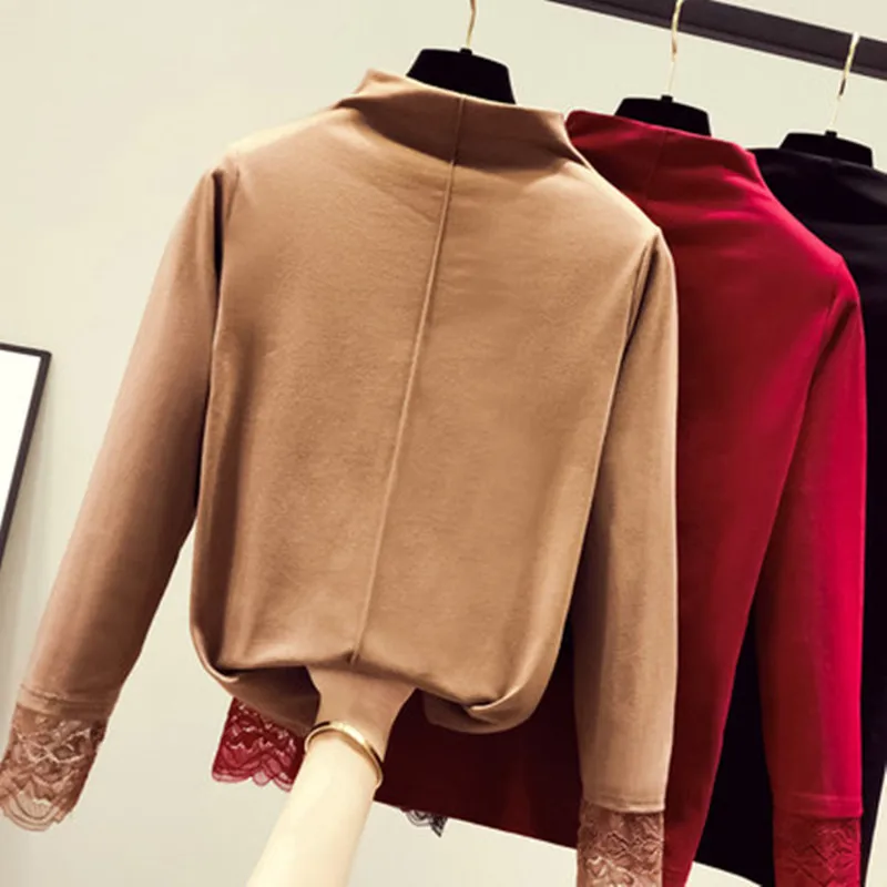 

Autumn / winter 2020 new women's cotton slim fit cotton T-shirt half high neck lace bottomed shirt Korean ins fashion style