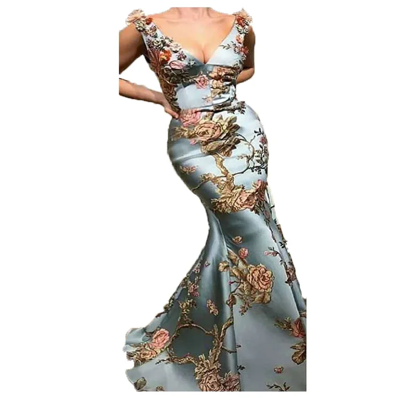 

women vintage dress maxi elegant party long v neck tank mermaid silk bodycon wedding classy floral embroidery glister sexy