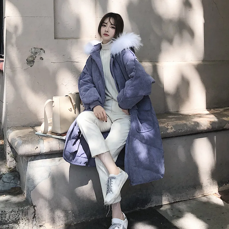 

Winter Large Fur Collar Mid-length Corduroy Cotton Coat Women's 2019 Korean-style Loose-Fit Versatile Casual Thick Cotton Overco