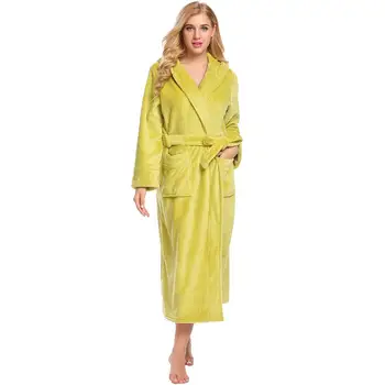 

Women Hooded Solid Fleece Sleepwear Wrap Robe Bathrobe with Belt Long Sleeve