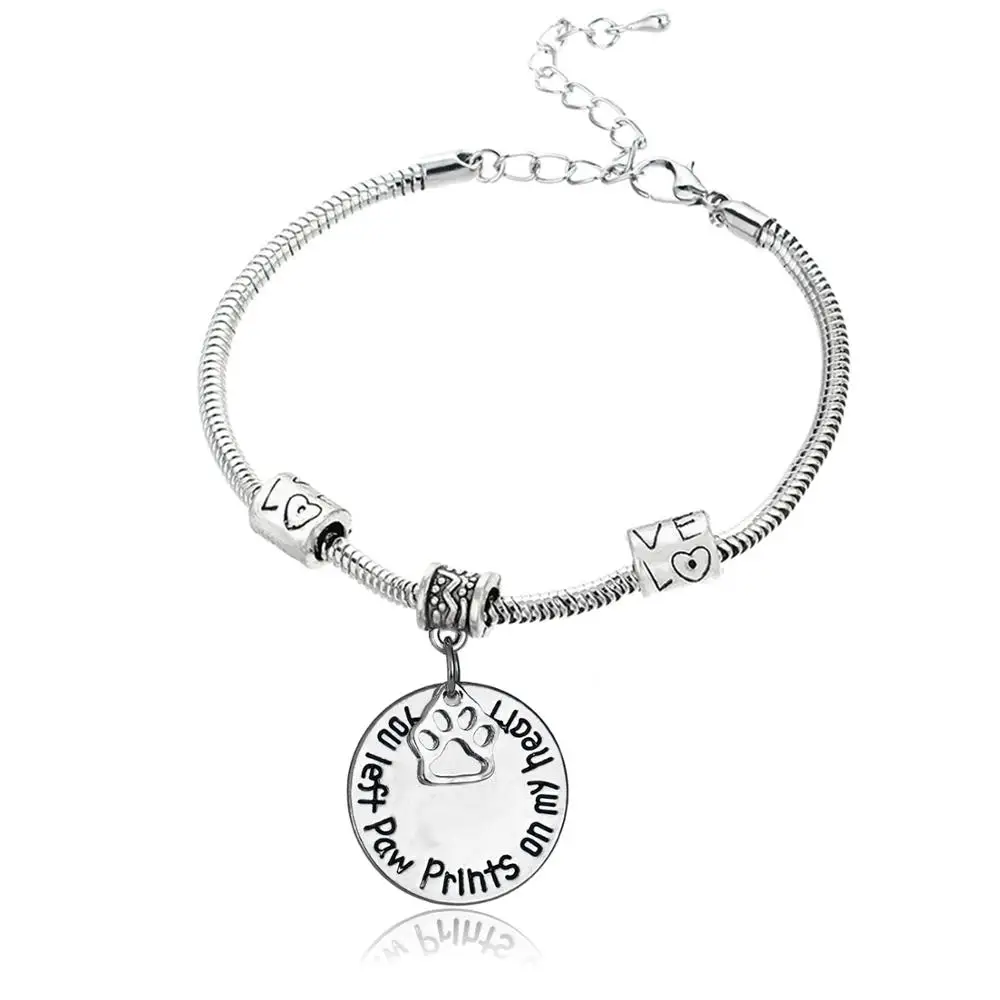 12 шт вы левой лапы печать на моем сердце собачья лапа браслеты с подвесками любовь бисера браслет из цепочек женщин мужчин Pet ювелирные украшения для влюбленных подарки Горячая