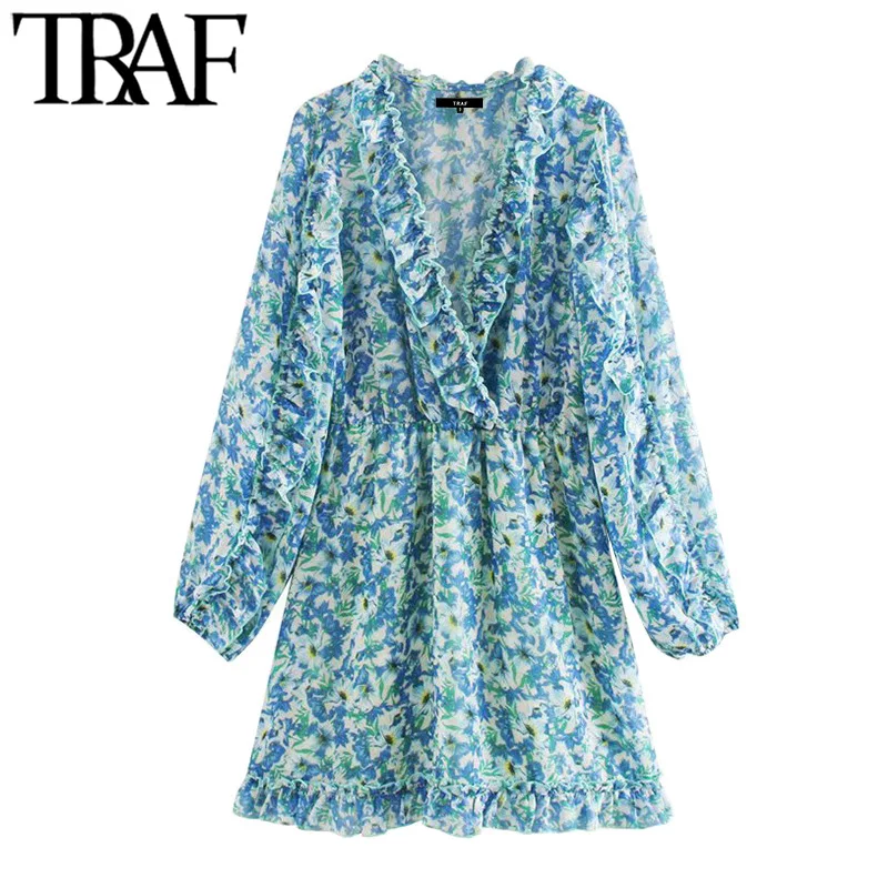 TRAF-Vestido corto de gasa con volantes y estampado Floral para mujer, vestido Vintage de manga larga con cuello de pico