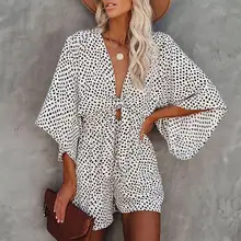 

50% Dropshipping!!Batwing Sleeve Women Jumpsuit Dot Print One-piece Tie-up Bow V Neck Loose Romper Lady Overalls