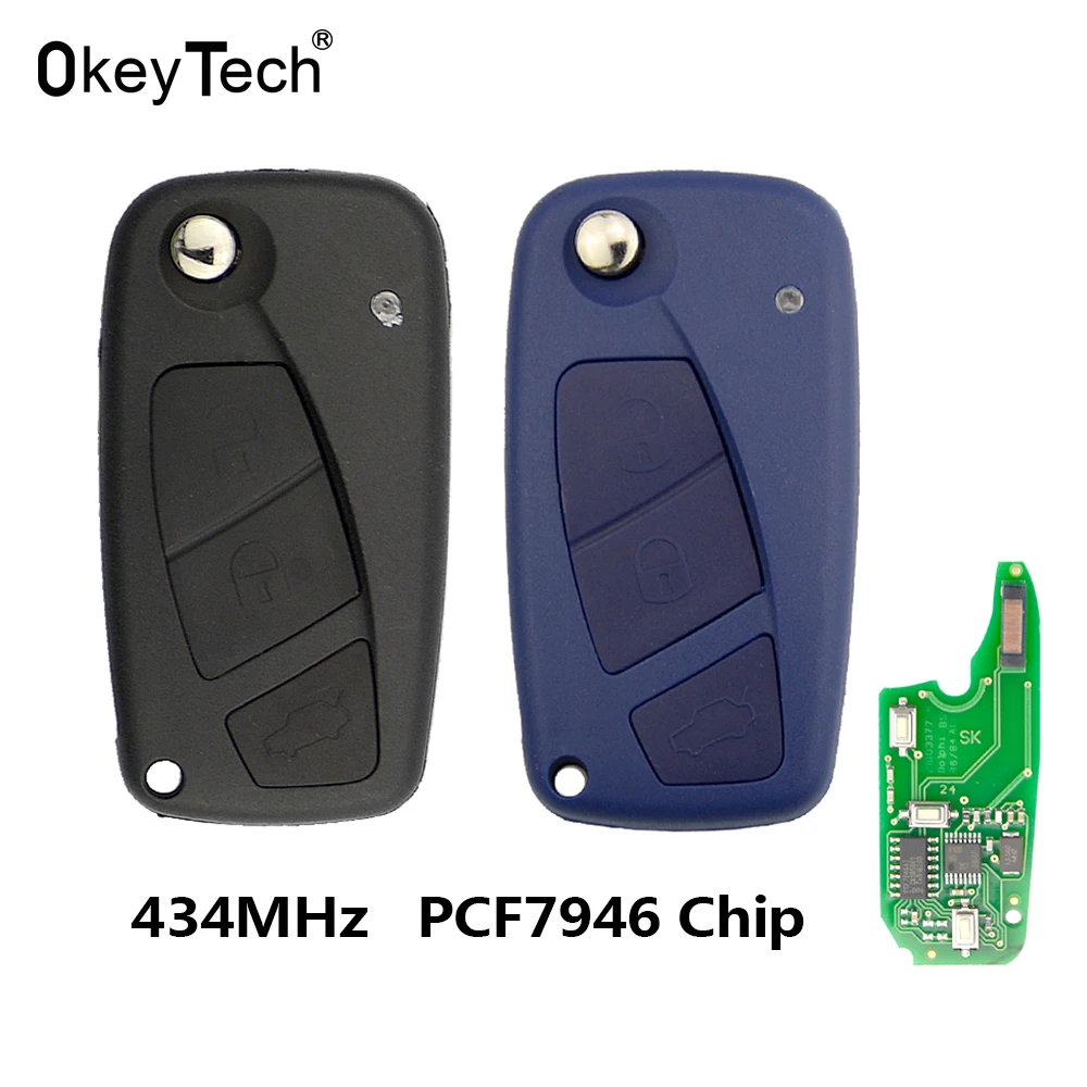 OKEYTECH 3 BUTTONS FLIP REMOTE CONTROL CAR KEY DELPHI 433MHZ FOR FIAT 500 PUNTO DUCATO STILO PANDA BRAVO KEY ID46 PCF7946 CHIP