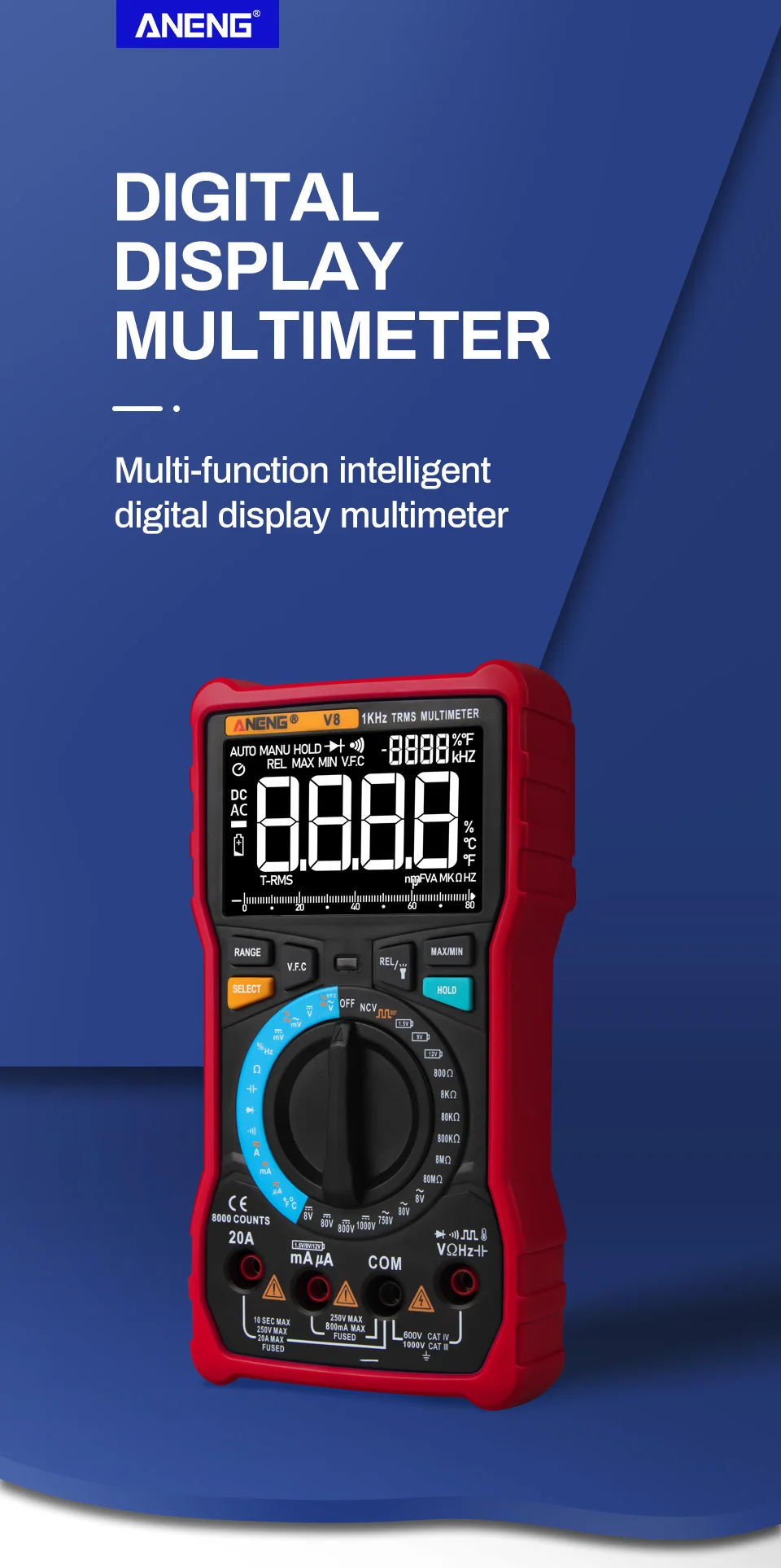 ANENG V8 True RMS цифровой мультиметр Профессиональный ЖК-дисплей мультитестер 8000 Кол-во Вольтметр переменного/постоянного тока Амперметр транзисторный конденсатор тестер
