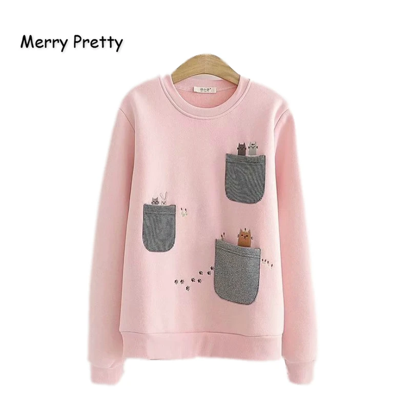 Merry Pretty женские толстовки Harajuku с вышитым котом из мультфильма толстовки Winte плюс бархатные пуловеры с длинным рукавом и круглым вырезом