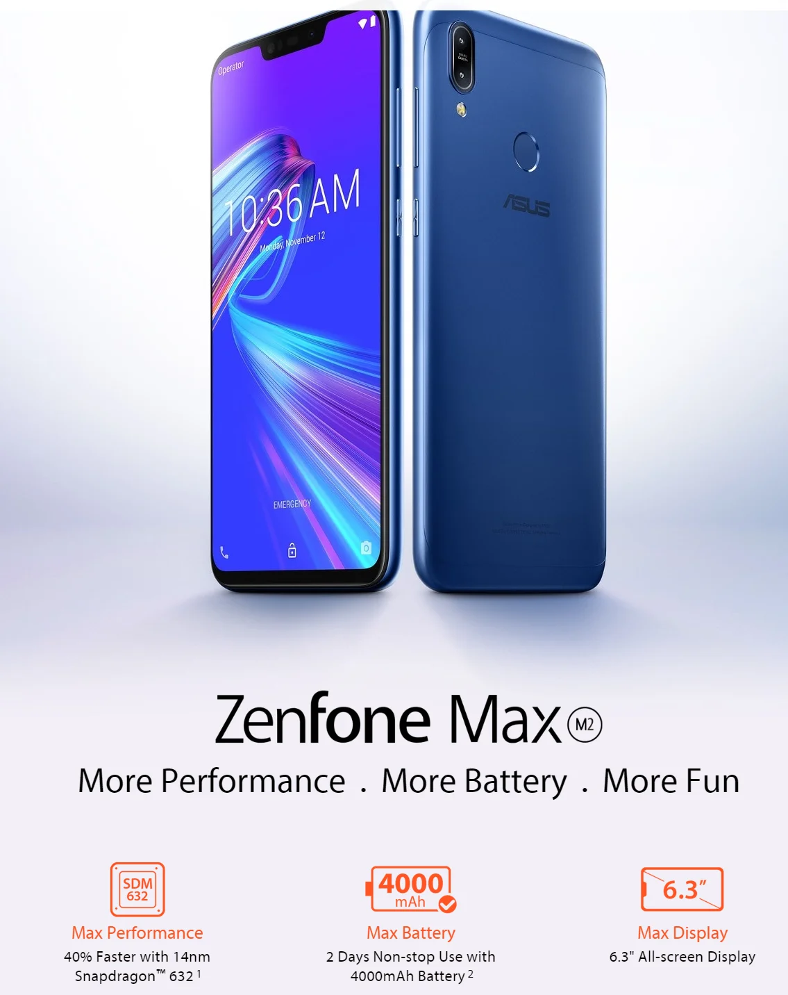 Мобильный телефон Asus Zenfone Max M2 с глобальной версией, 3 ГБ, 32 ГБ, 6,3 дюйма, полноэкранный дисплей Snapdragon 632, аккумулятор 4000 мАч, смартфон LTE