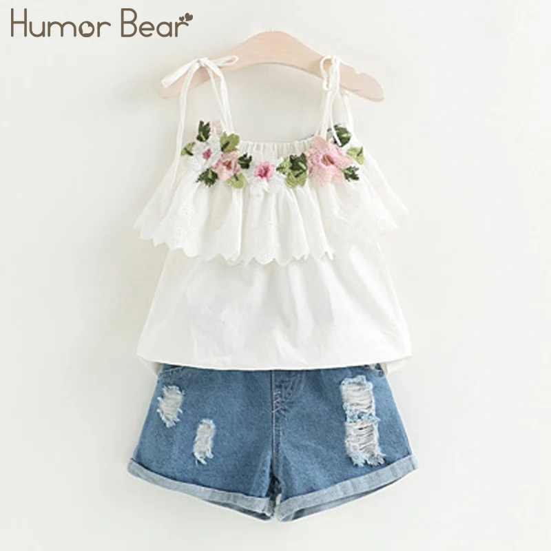 Humor Bear/Летняя одежда для маленьких девочек коллекция года, брендовый комплект одежды для девочек с полосками и кружевами топы с ремешками+ штаны - Цвет: white BL028J