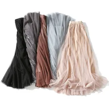 Женские осенние сексуальные кружевные плиссированные длинные юбки для дам, корейские винтажные элегантные тюлевые сетчатые прозрачные газовые черные миди юбки