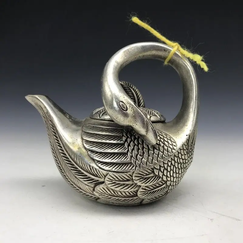 

Exquisite Chinese Old Tibet Silver Copper Carved Swan Shape Teapot Wine Pot Water Pot Qianlong Mark
