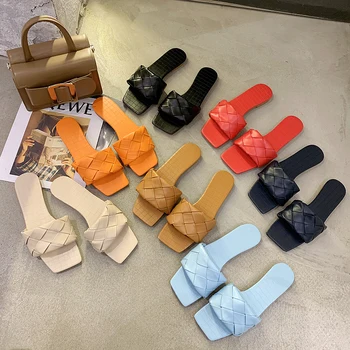 

Sandals and slippers women wear 2020 summer new flat bottom fashion open toe woven square head sandals women's shoes