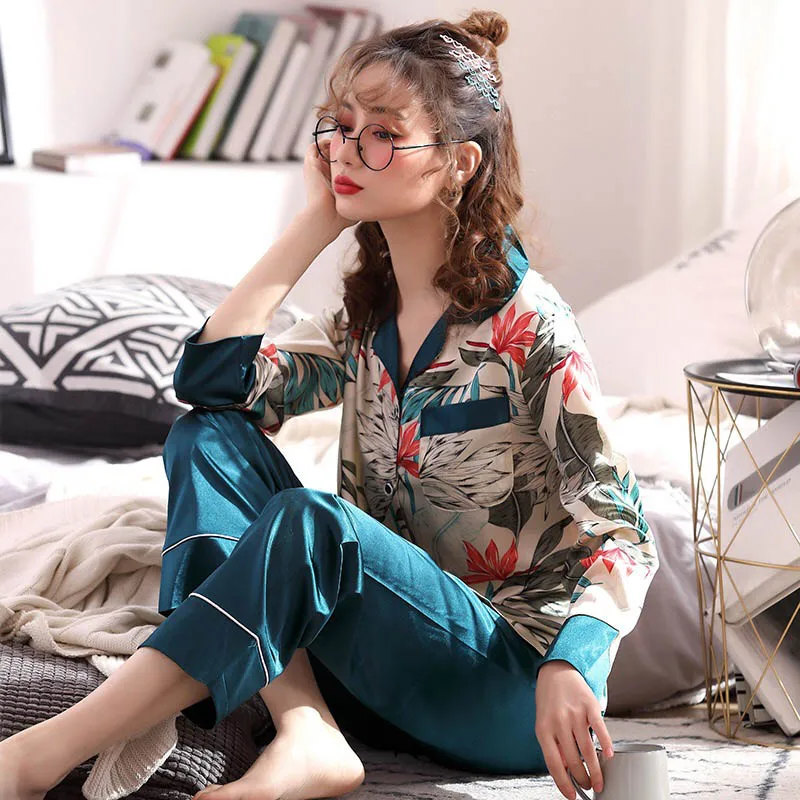 Женский пижамный комплект на осень и весну, женский длинный рукав+ штаны, 2 предмета, ночное белье, шелк, сатин, Femme, цветочный принт, повседневная одежда, домашняя одежда