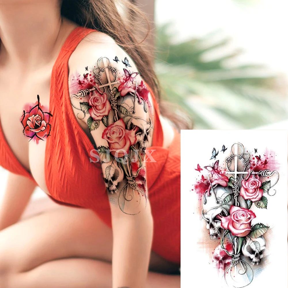 Черный цветок розы поддельные татуировки наклейки для женщин акварельные временные Лотос девушки сексуальные боди-арт Татуировка на руку Переводные татуировки на талию - Color: 1