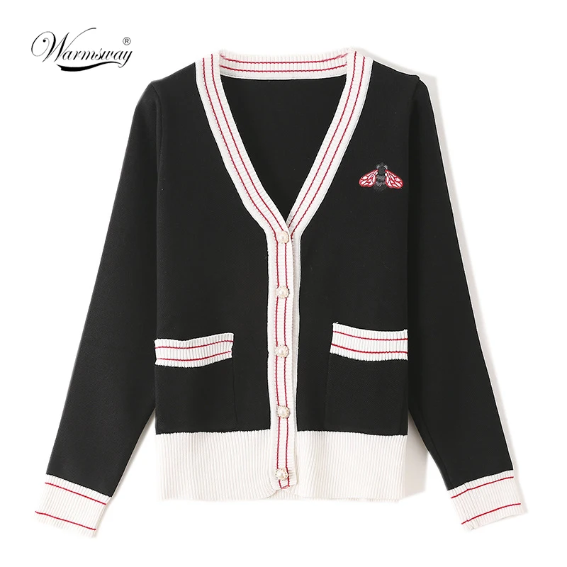 Brand Designer Winter Knit Cardigan Little Bee Women V-neck Embroidered Red Striped Patchwork Sweater Luxury Christmas Coa C-102