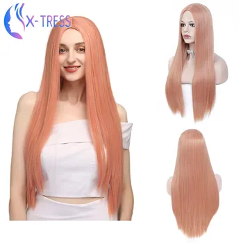 

Strawberry Pink Colored Wig Synthetic Hair Long Straight X-TRESS Lolita Wigs Heat Resistant Middle Part Colorful Cosplay Wig