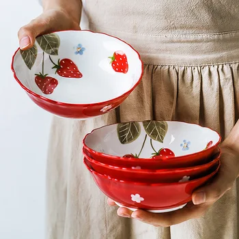 

1pc Red Strawberry Bowl Undergalzed Ceramic Salad Bowl Rice Soup Bowl Household Dinnerware 6 inch