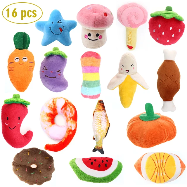 16pcs/set Plush Squeaky Dog Chew Toy Fruit Vegetable Puppy Training Toy for Cat Pets Red Pepper Carrot Fish