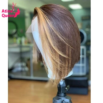 

13x6 Highlight Bob Wig Preplucked Hairline Remy Colored Blunt Cut Short Wigs Brown With Honey Blonde Lace Front Human Hair Wig