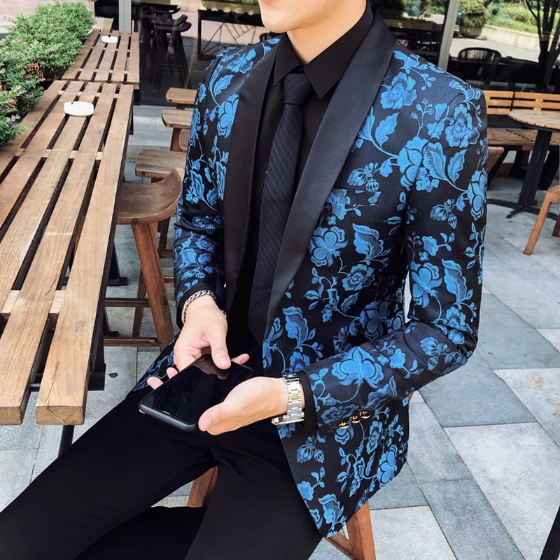 Floral Printed Wedding Men Blazer Fashion Streetwear Casual Jacket 3 colors tuxedos Plus Size 60 Luxury Groom Jackets Party New